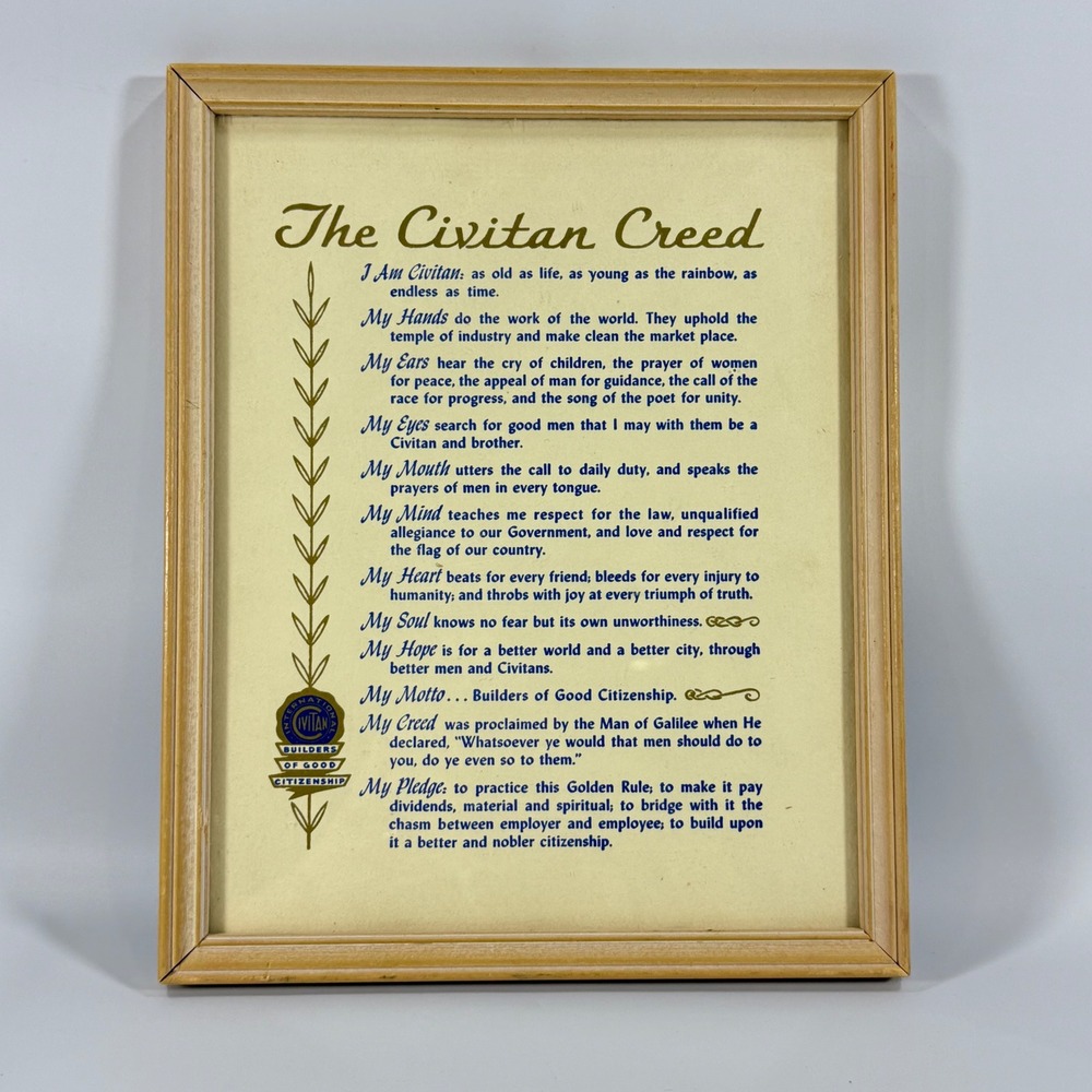 VTG Civitan International Creed Framed Wall Art‎ Large Yellow Gold Blue Good Art